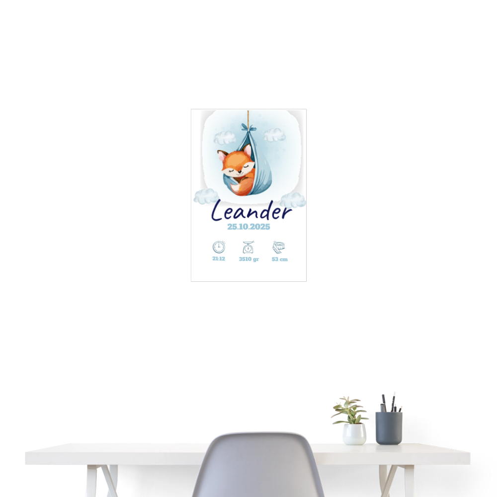 Babyposter mit Name Fuchs Blau 40x60 cm - Weiß