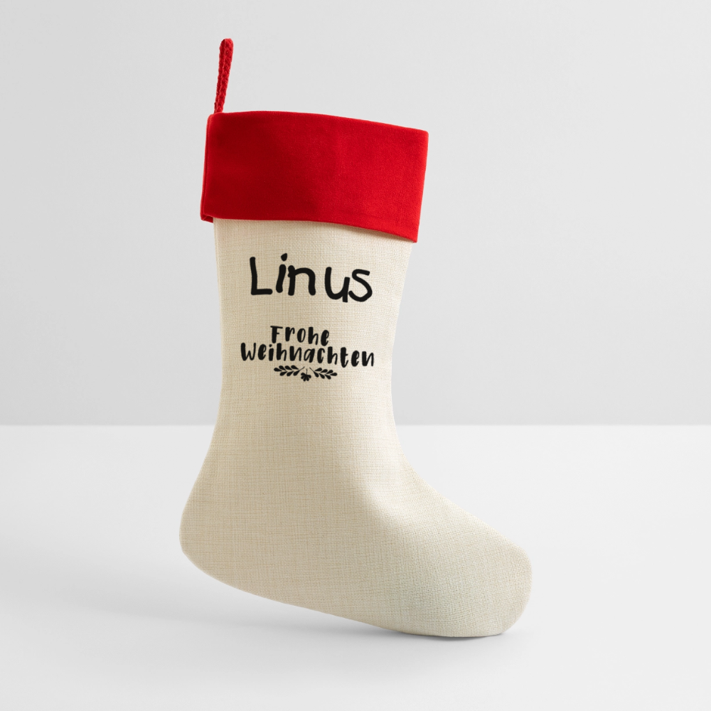 Leinen Weihnachtsstrumpf mit Wunschname! - Natur/Rot