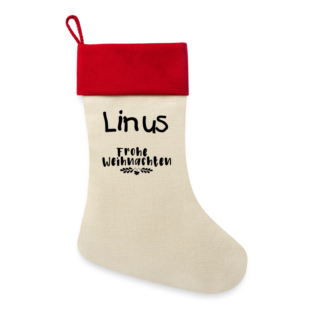 Leinen Weihnachtsstrumpf mit Wunschname! - Natur/Rot