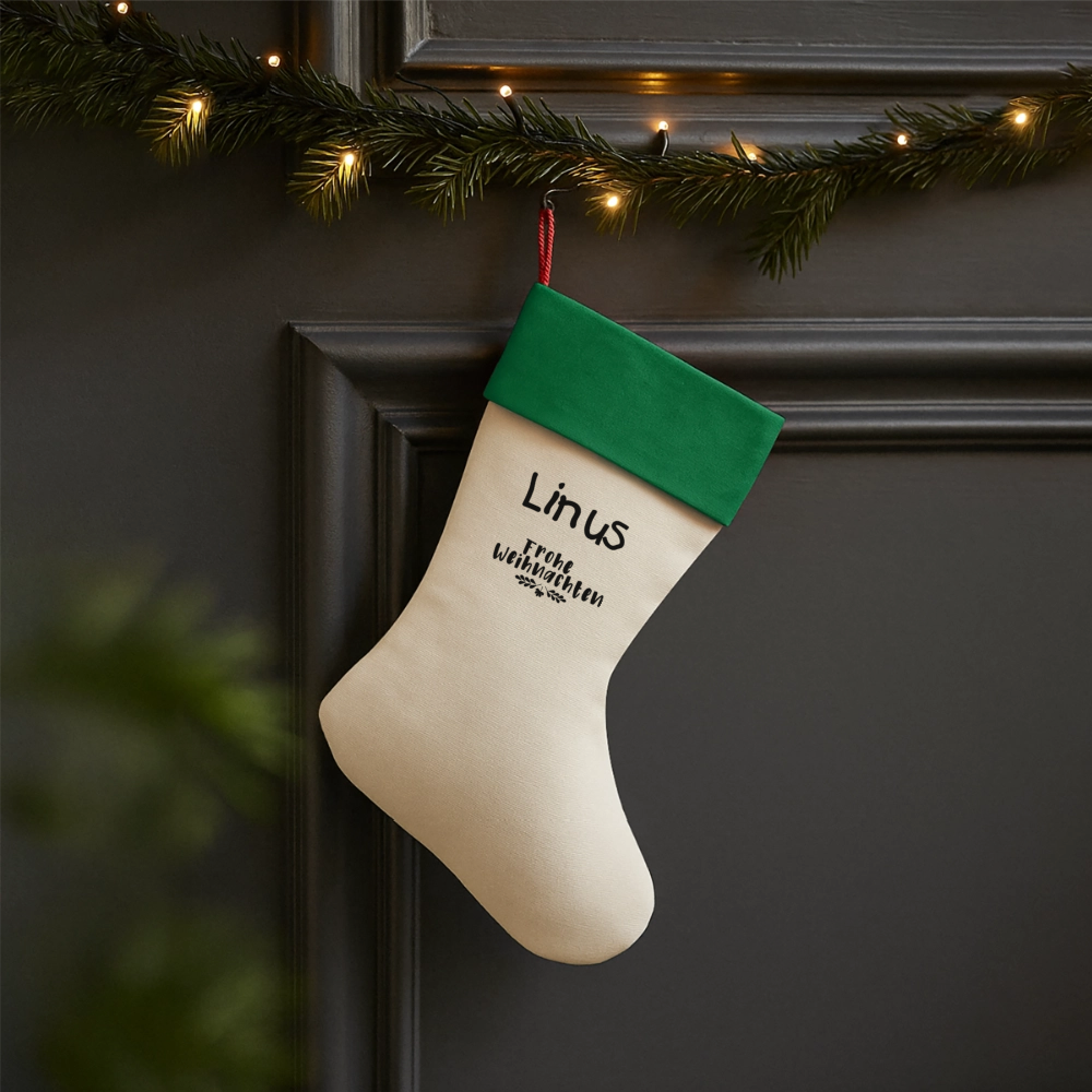 Leinen Weihnachtsstrumpf mit Wunschname! - Natur/Grün