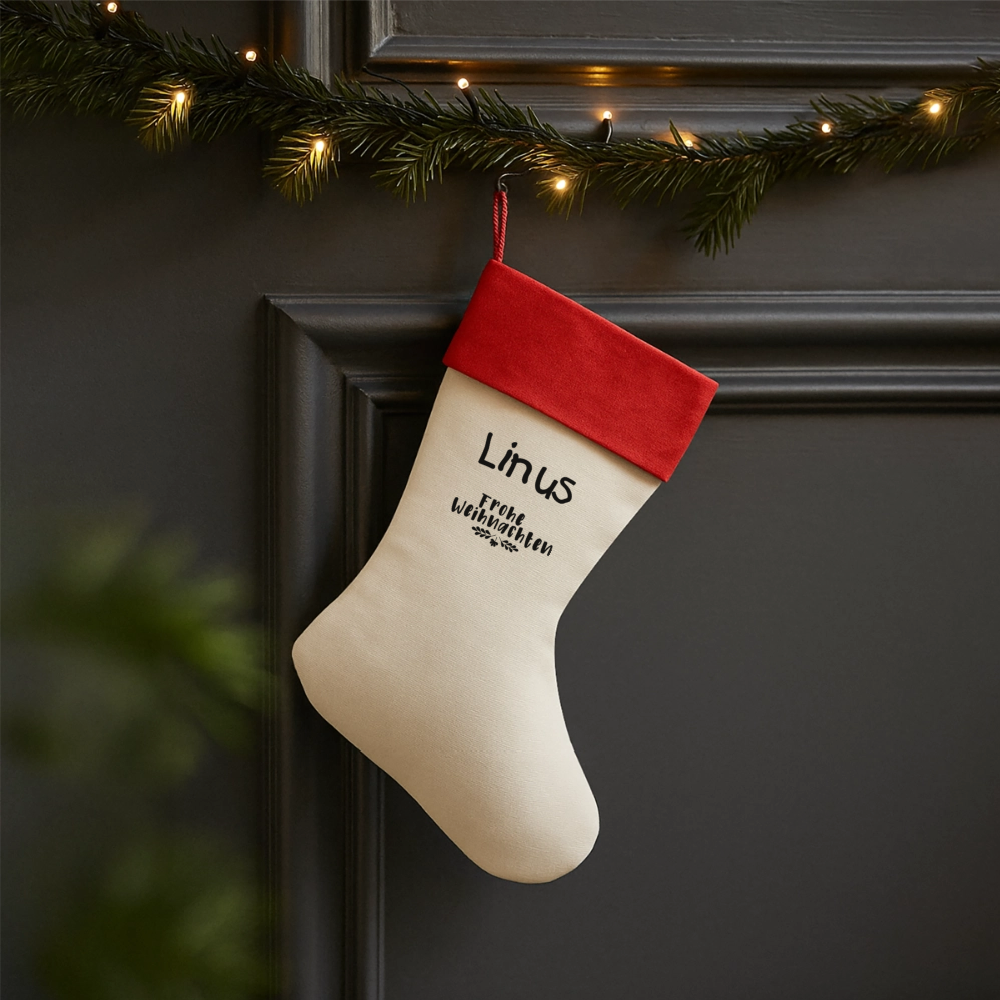 Leinen Weihnachtsstrumpf mit Wunschname! - Natur/Rot