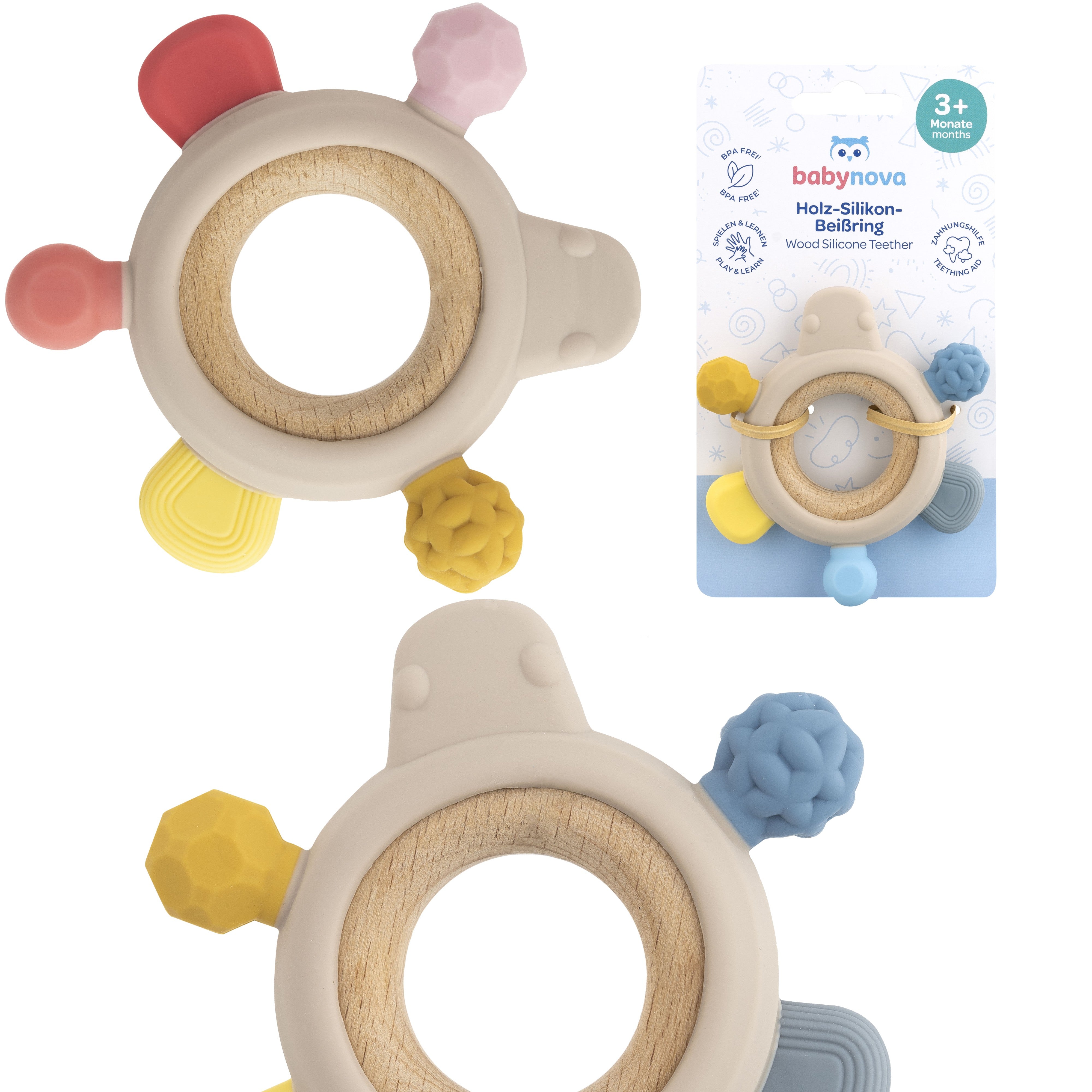 zahnungshilfe spielzeug Baby-Nova Holz Beißring Zahnungshilfe mit runden Silikon Beißteilen 3M