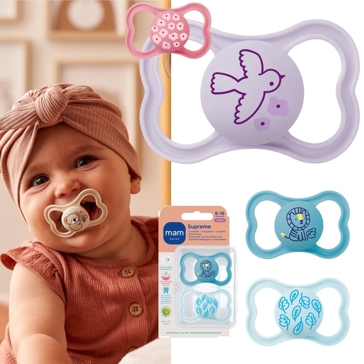 MAM SUPREME Silikon Schnuller Symmetrisch Oval Junge / Mädchen 0-6M 6-16M + Box