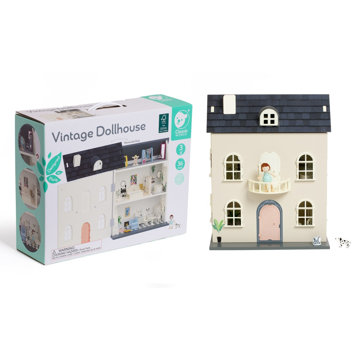 Classic World Vintage Puppenhaus aus Holz 3J+, 36 Teile