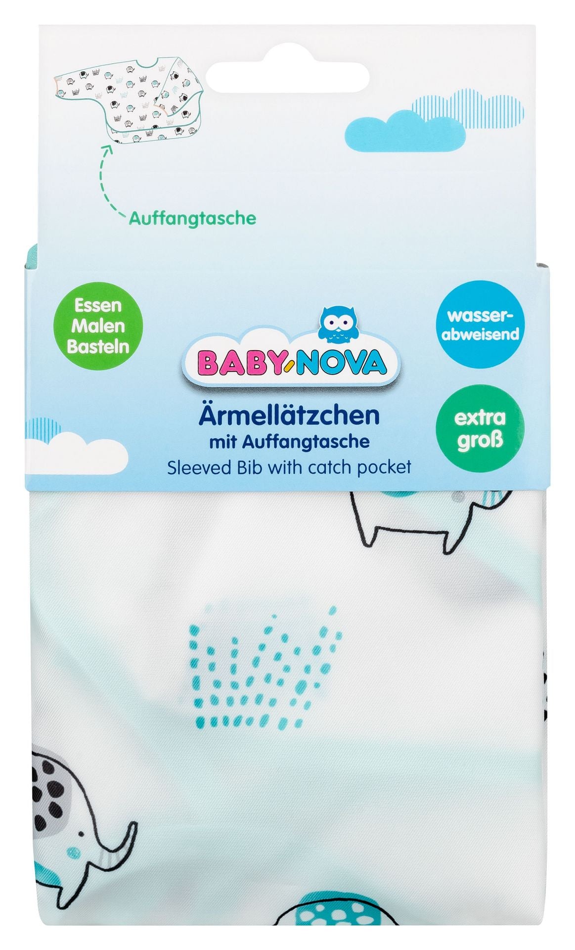 Baby Nova Ärmellätzchen mit Auffang wasserabweisend Elefant weiß