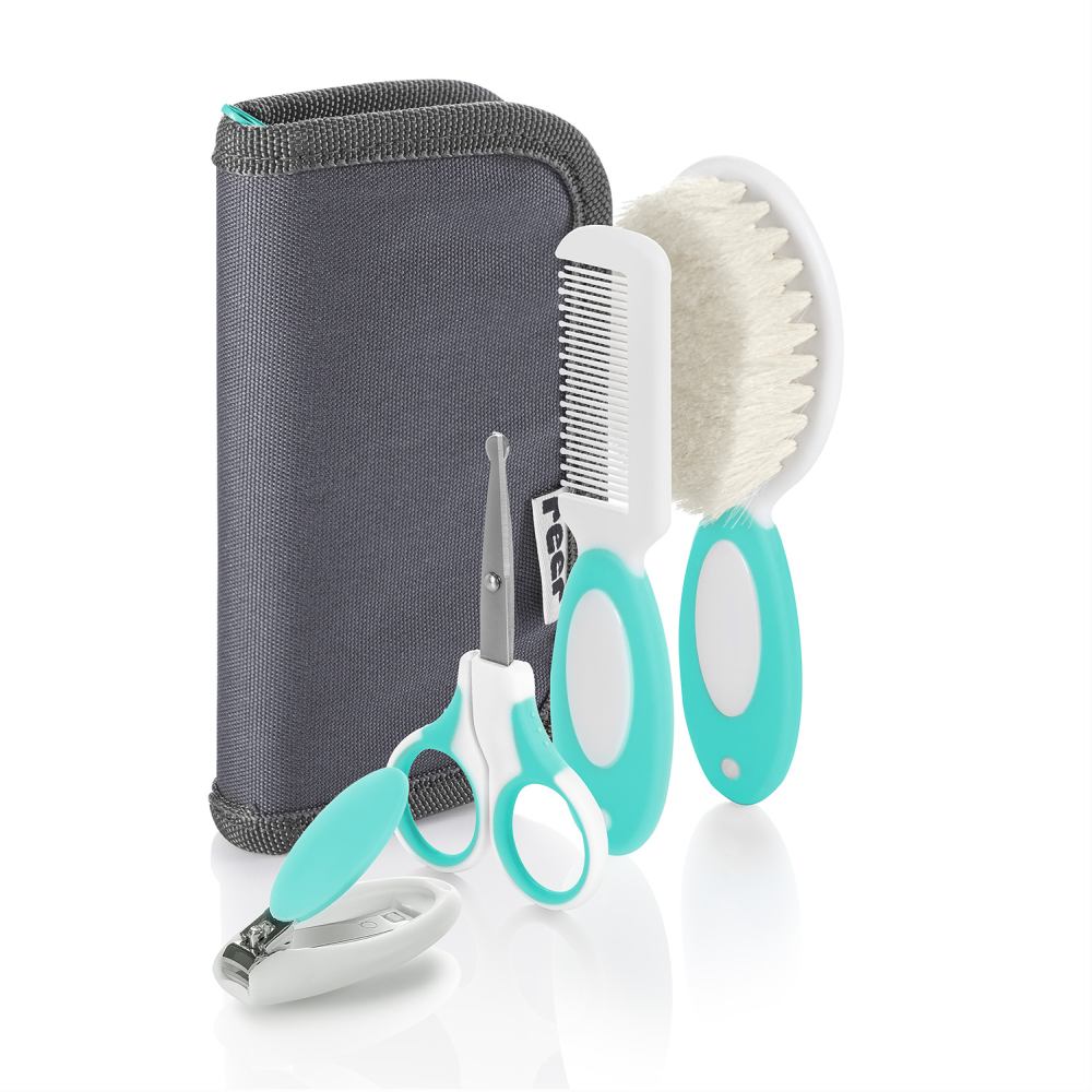 Reer Baby Pflegeset Babybürste, Kamm, Feile, Nagelschere und Clips