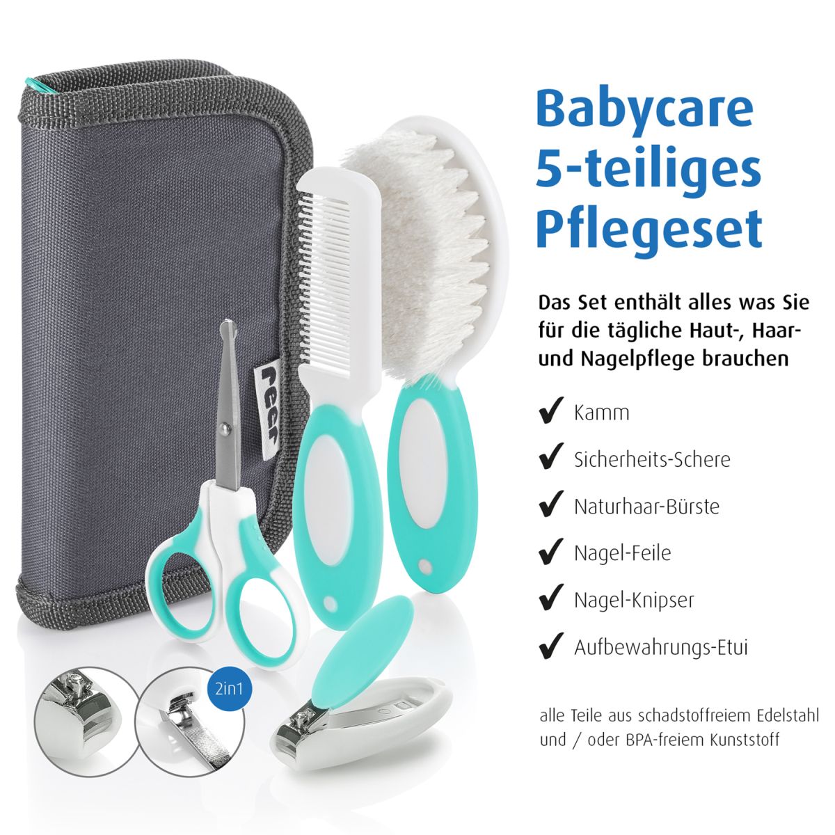 Reer Baby Pflegeset Babybürste, Kamm, Feile, Nagelschere und Clips
