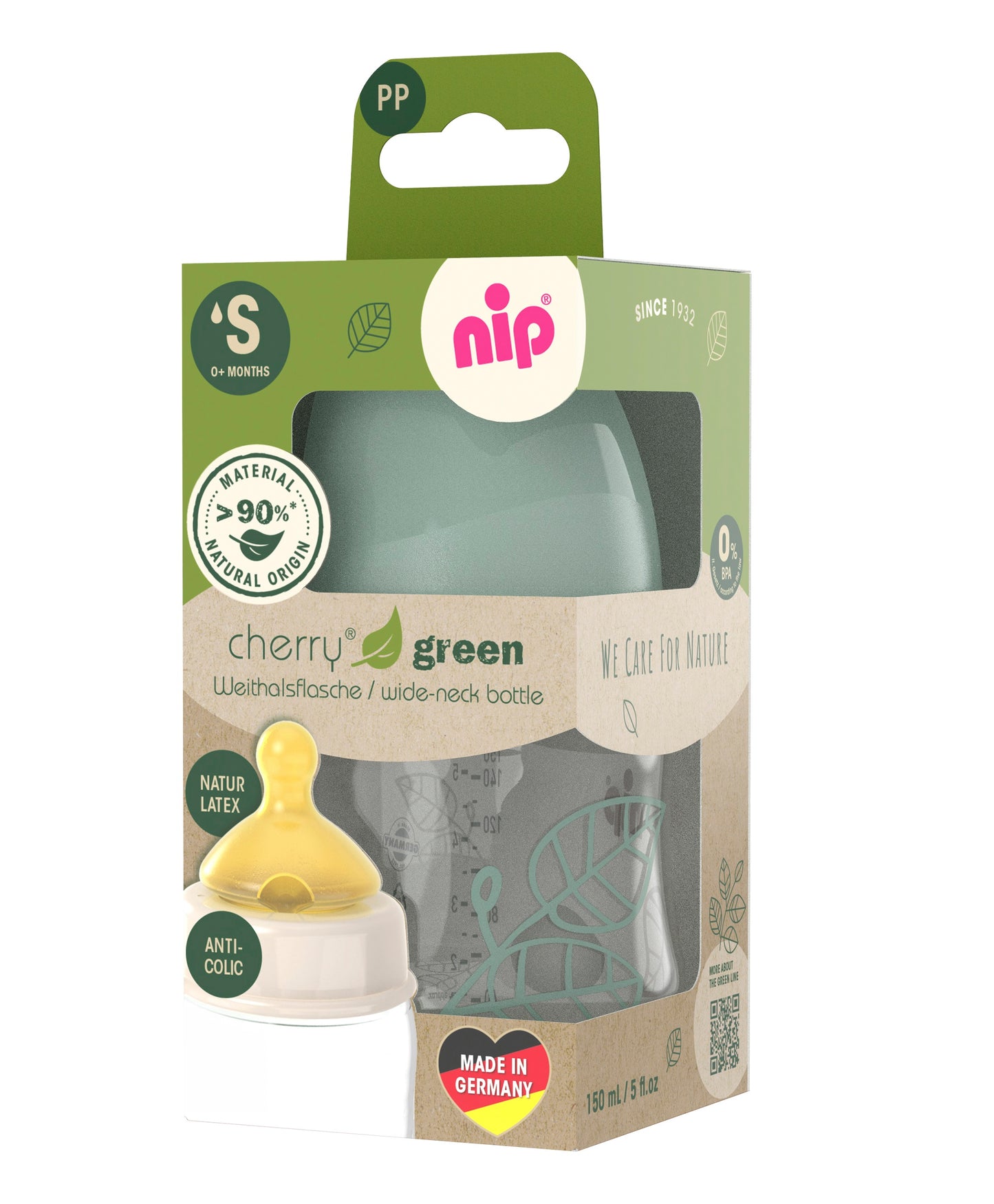 NIP Cherry Green Baby PP Weithalsflasche mit Weithalstrinksauger mit Anti-Kolik Ventil Latex