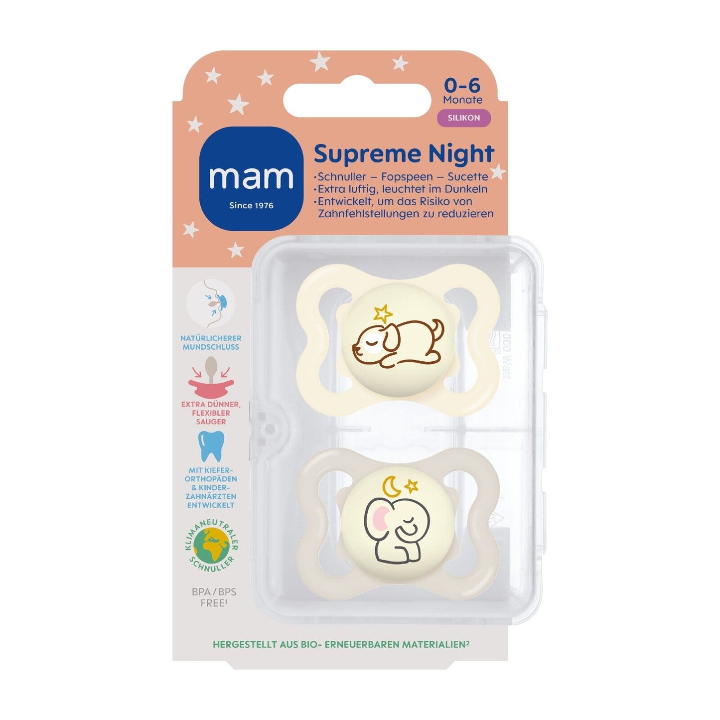 MAM SUPREME NIGHT Silikon Leucht Schnuller Oval Junge / Mädchen 0-6M 6-16M