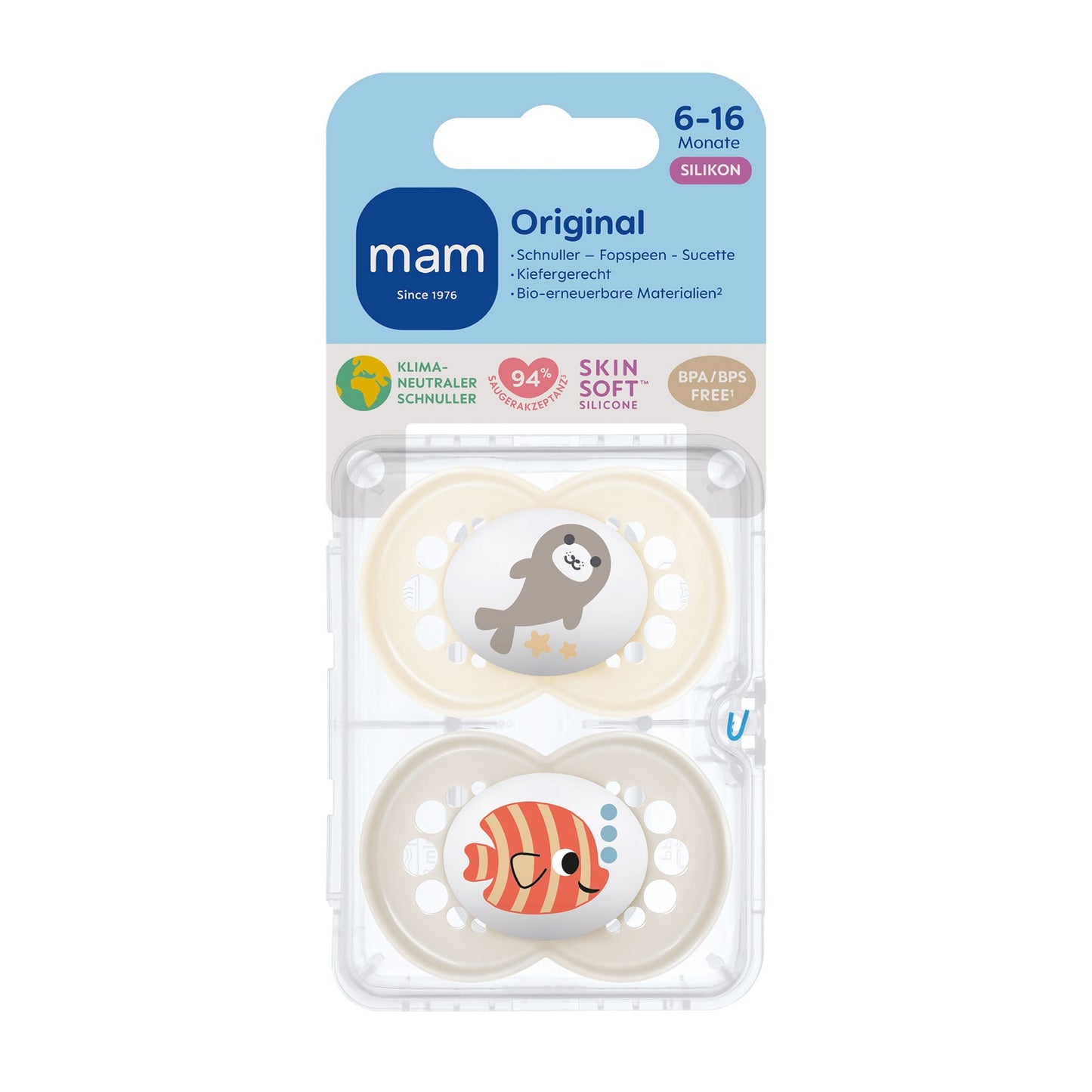 MAM ORIGINAL Silikon Schnuller Symmetrisch Oval Junge / Mädchen 0-6M 6-16M + Box