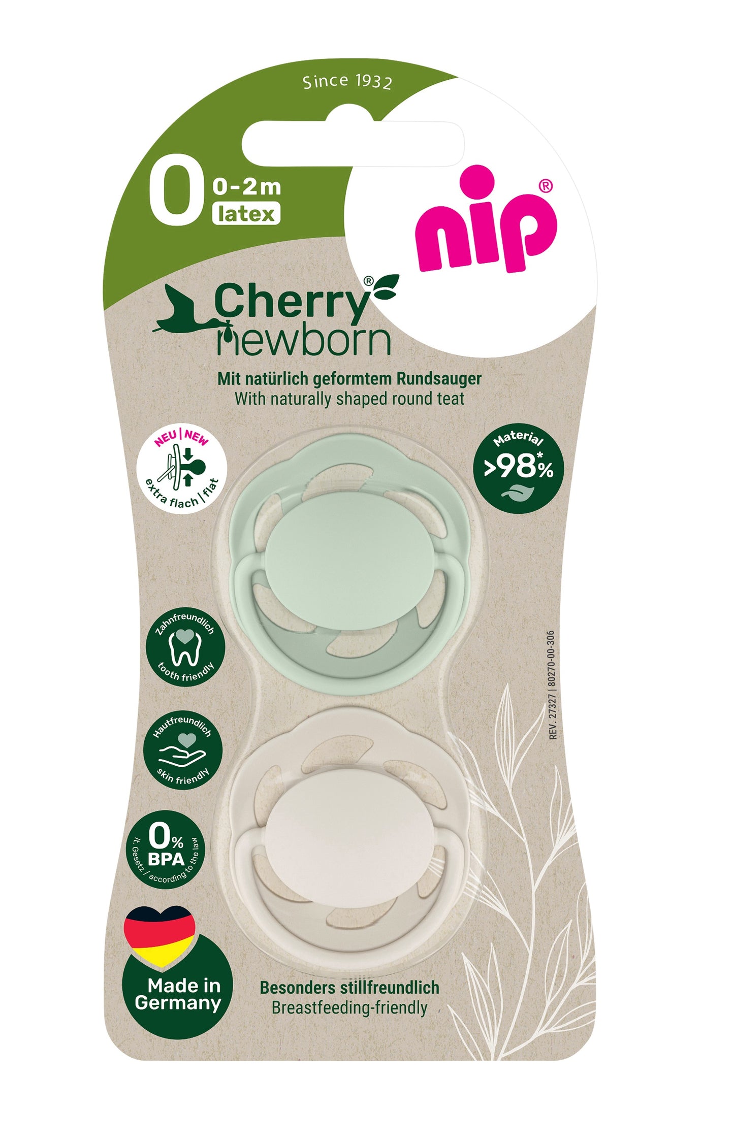 NIP Cherry Greenline Newborn Beruhigungssauger 2er Runde Form Latex 0-2 Monate