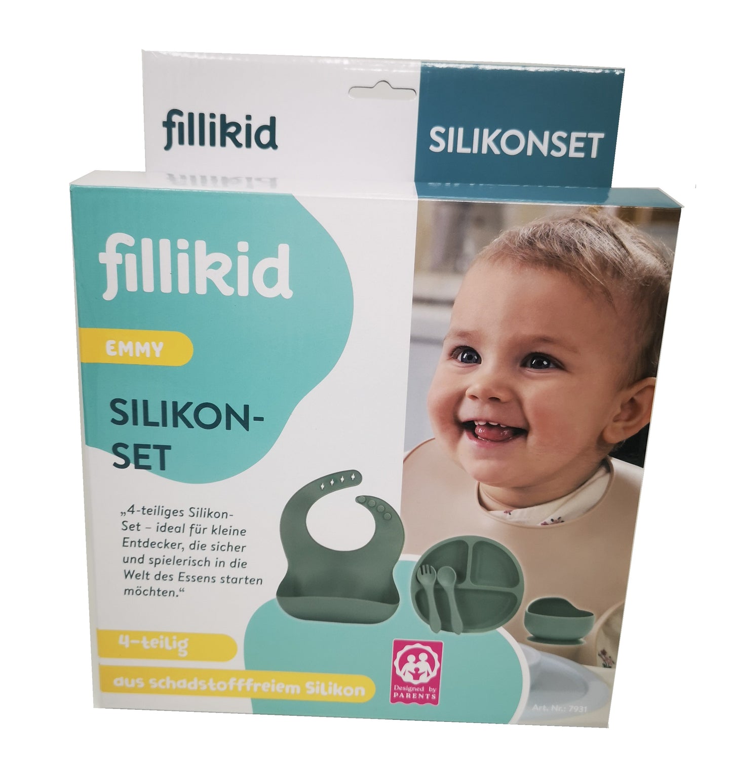 fillikid Baby Geschirr Silikon Set 4-tlg. Lätzchen, Besteck, Teller & Schüssel