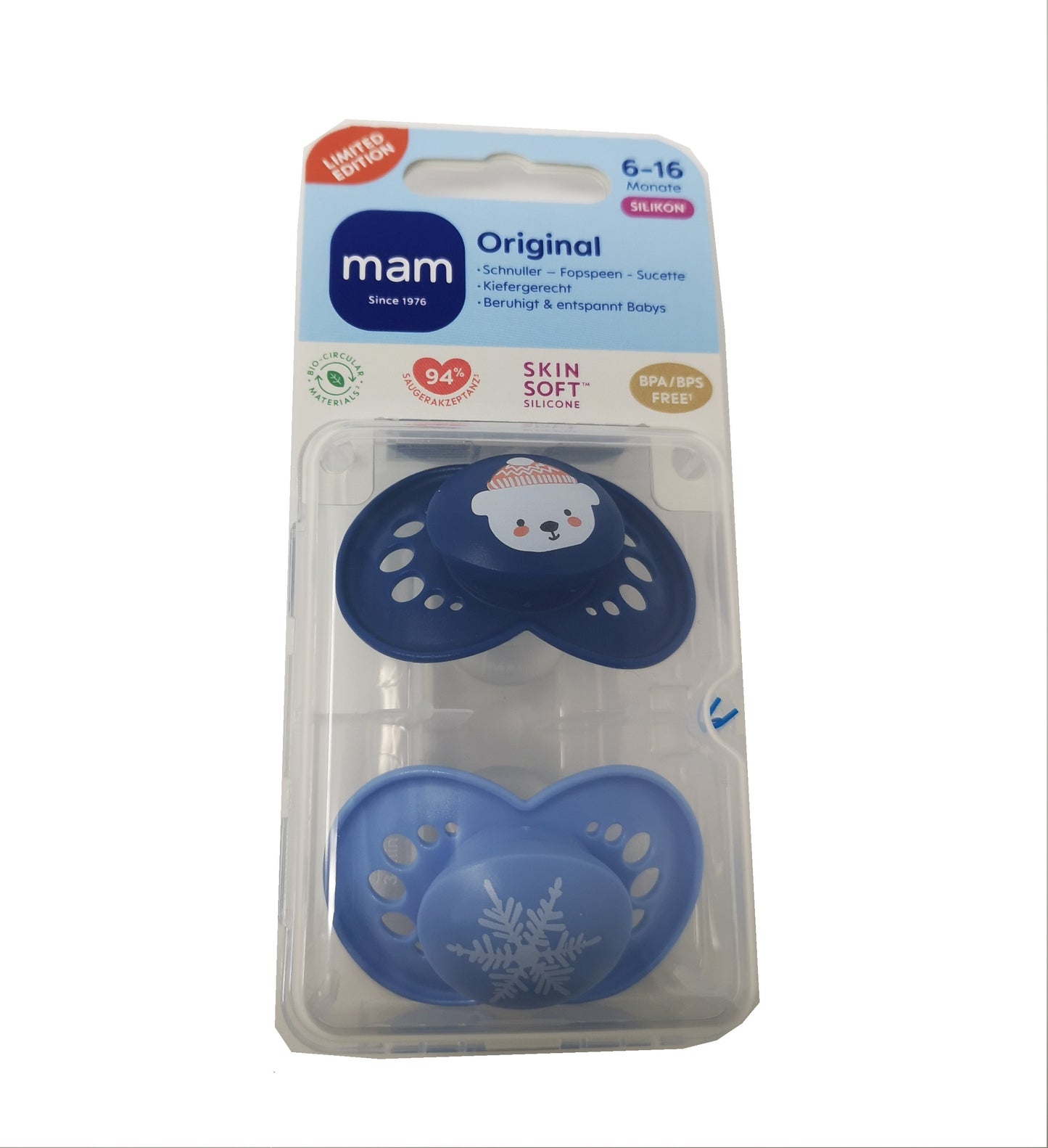 MAM ORIGINAL Winter Edition Silikon Schnuller Symmetrisch Oval 0-6M 6-16M + Box