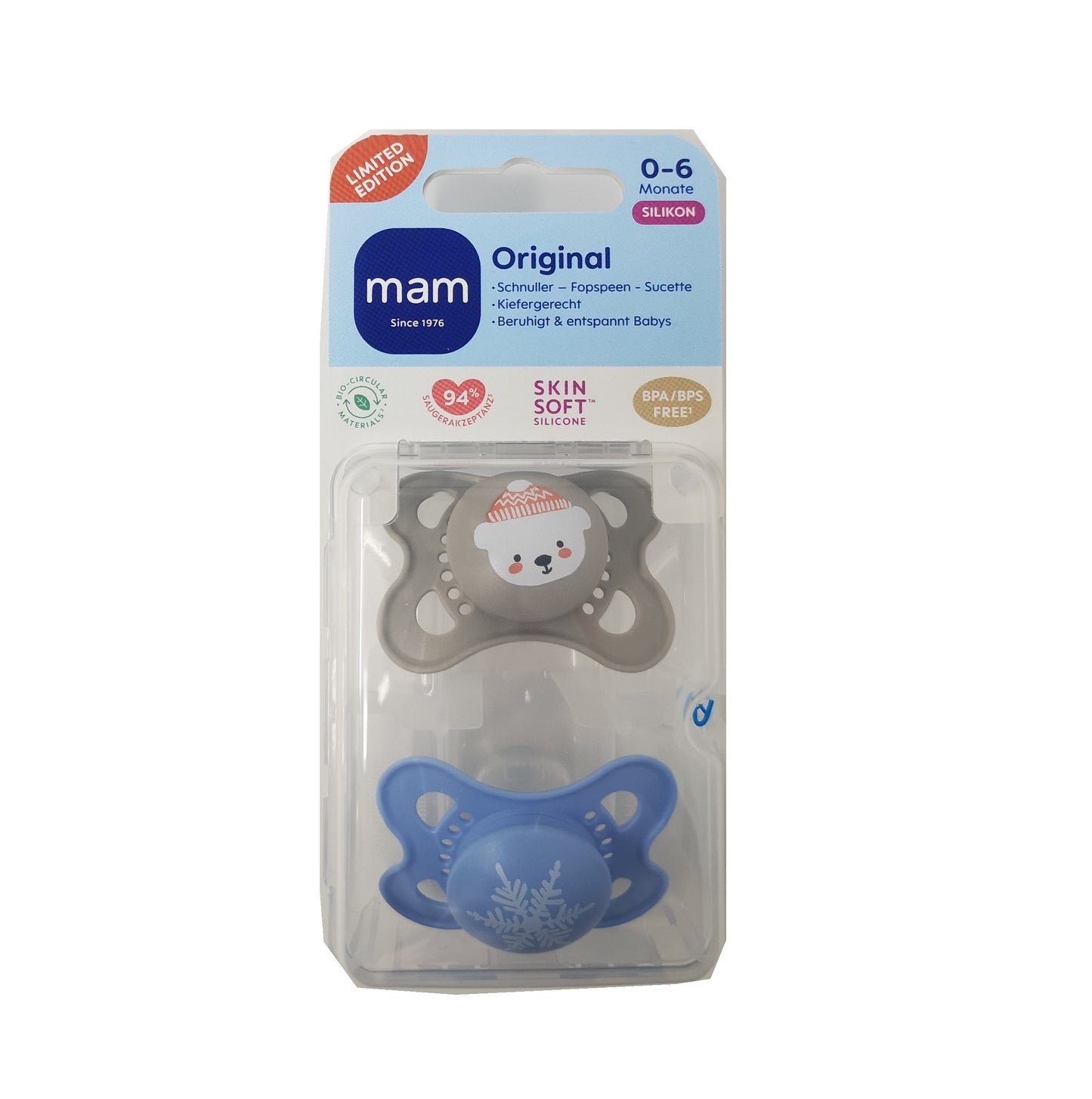 MAM ORIGINAL Winter Edition Silikon Schnuller Symmetrisch Oval 0-6M 6-16M + Box