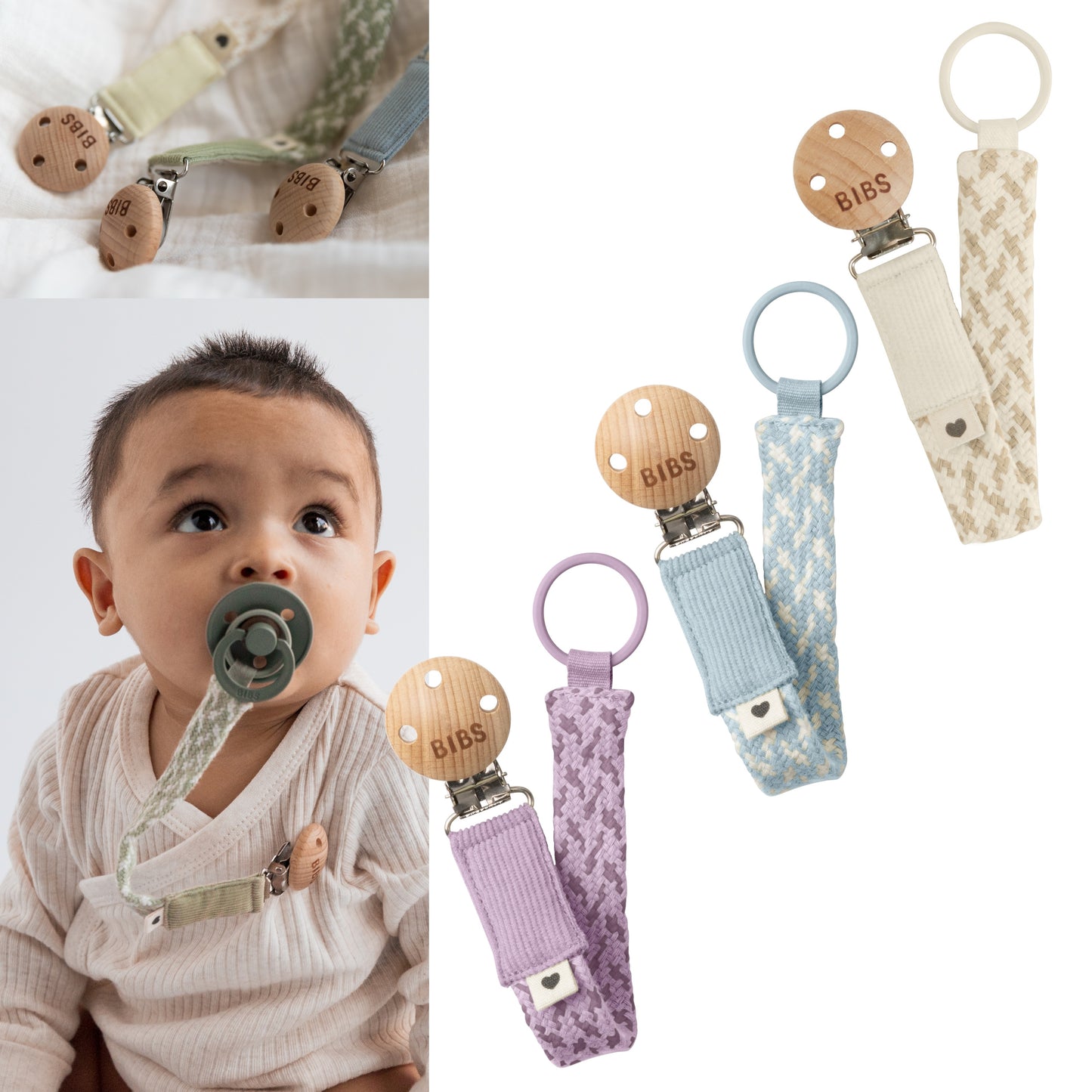 Bibs Baby Paci Braid Schnullerband mit Holzclip für alle Schnuller geeignet