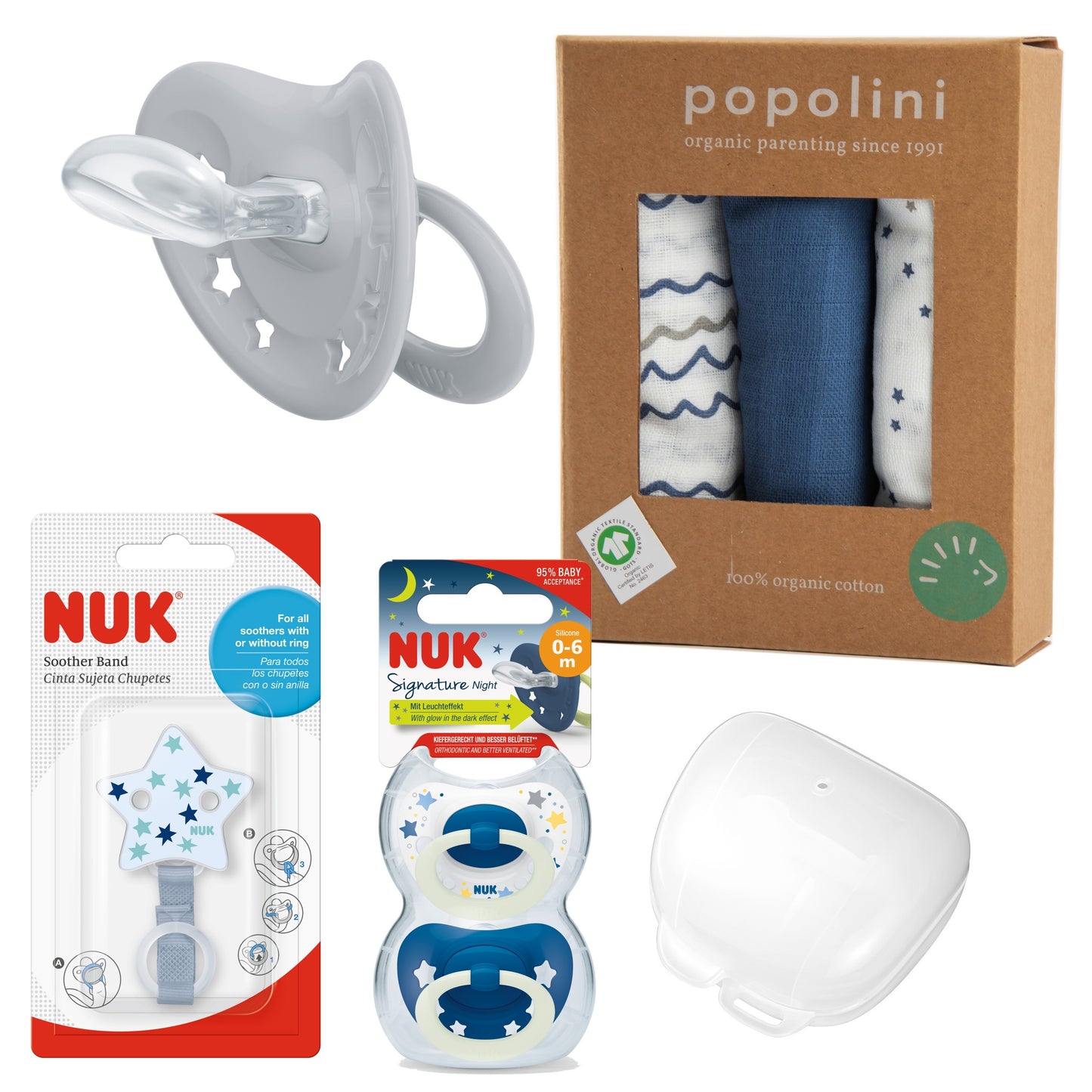Baby Geschenkset 7-tlg Sterne Blau (Schnuller, Band, Box, Schnuffeltuchset)