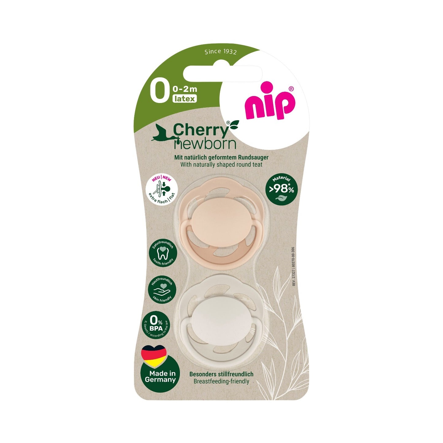 NIP Cherry Greenline Newborn Beruhigungssauger 2er Runde Form Latex 0-2 Monate