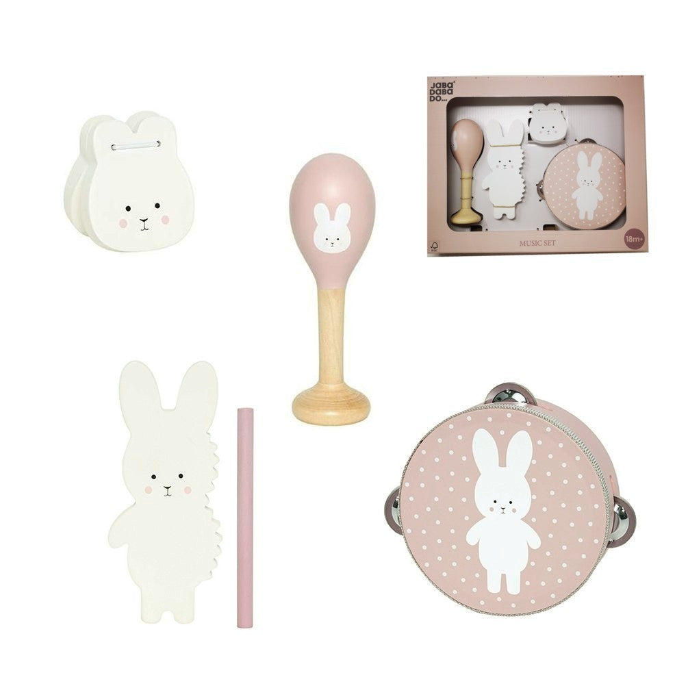 Jabadabado Kinder Musikset Hase rosa 18m+ mit Tamburin, Ratsche, Rassel und Kastagnette
