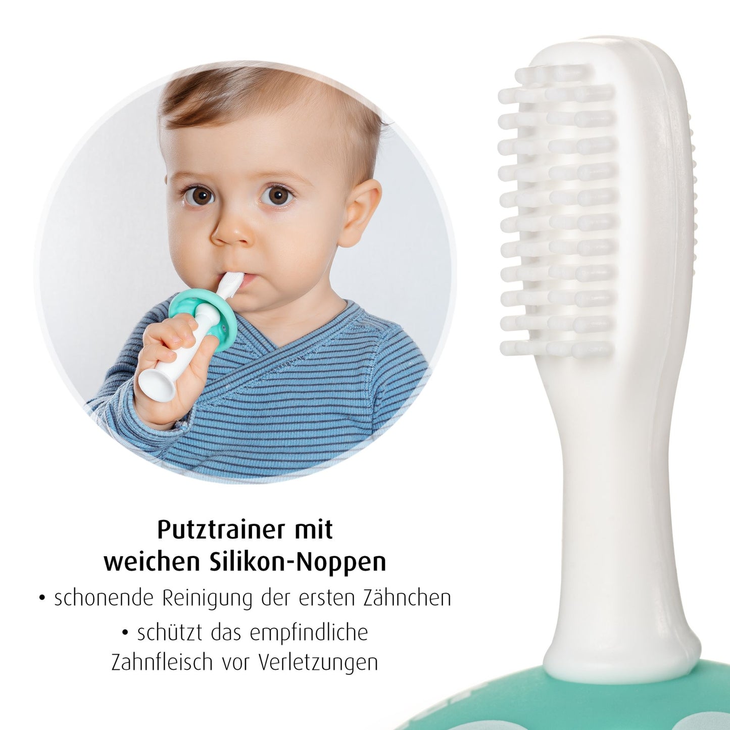 reer BabyCare Zahnputztrainer Phase 1 & 2, Türkis, 0m+