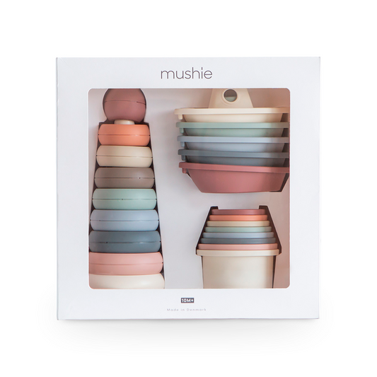 Mushie Baby Geschenkset Stapelboote, Badebote und Becherset 10m+
