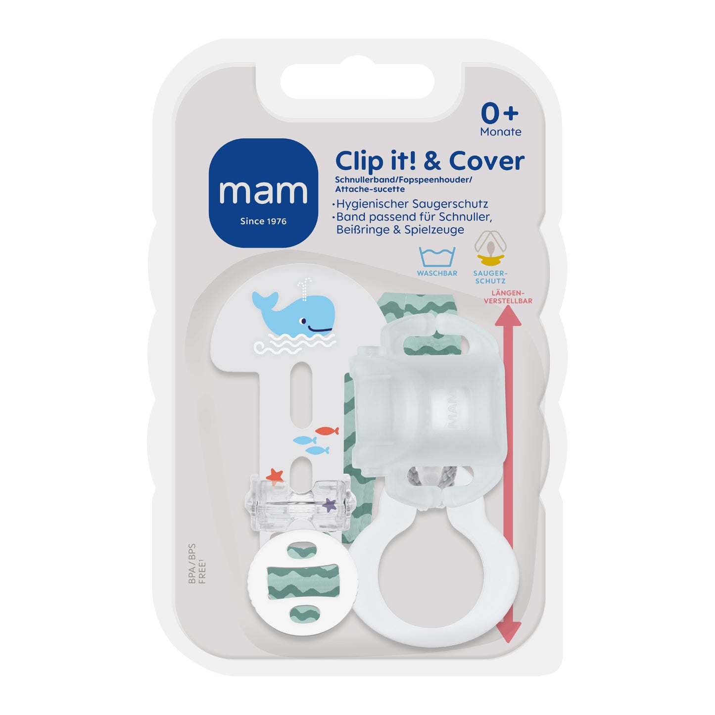 MAM Baby Schnullerband Clip it! & Cover Schnullerkette mit Saugerschutz Box