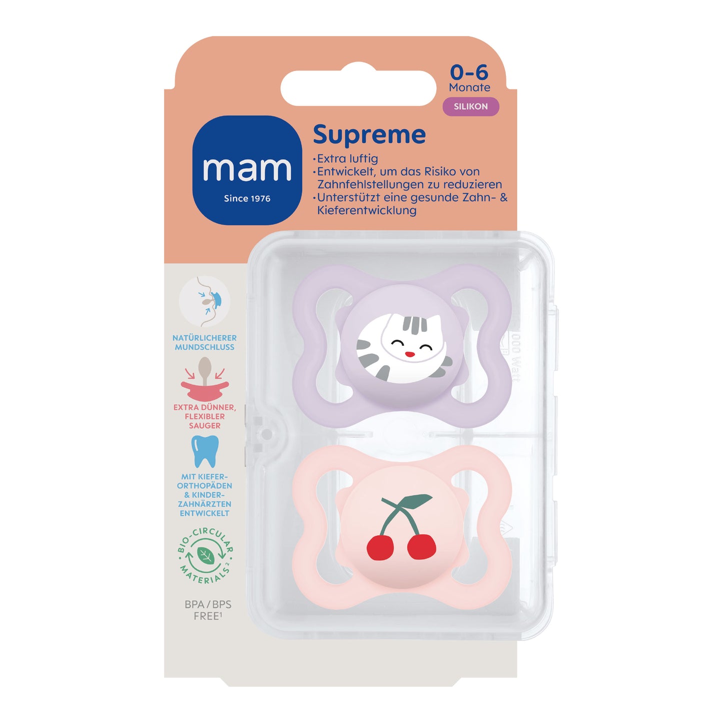 MAM SUPREME Silikon Schnuller Symmetrisch Oval Junge / Mädchen 0-6M 6-16M  + Box