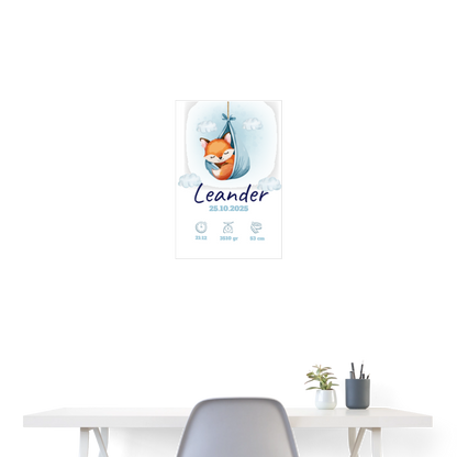 Babyposter mit Name Fuchs Blau 40x60 cm - Weiß