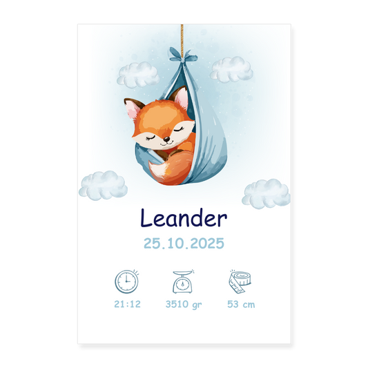 Babyposter mit Name Fuchs Blau 40x60 cm - Weiß