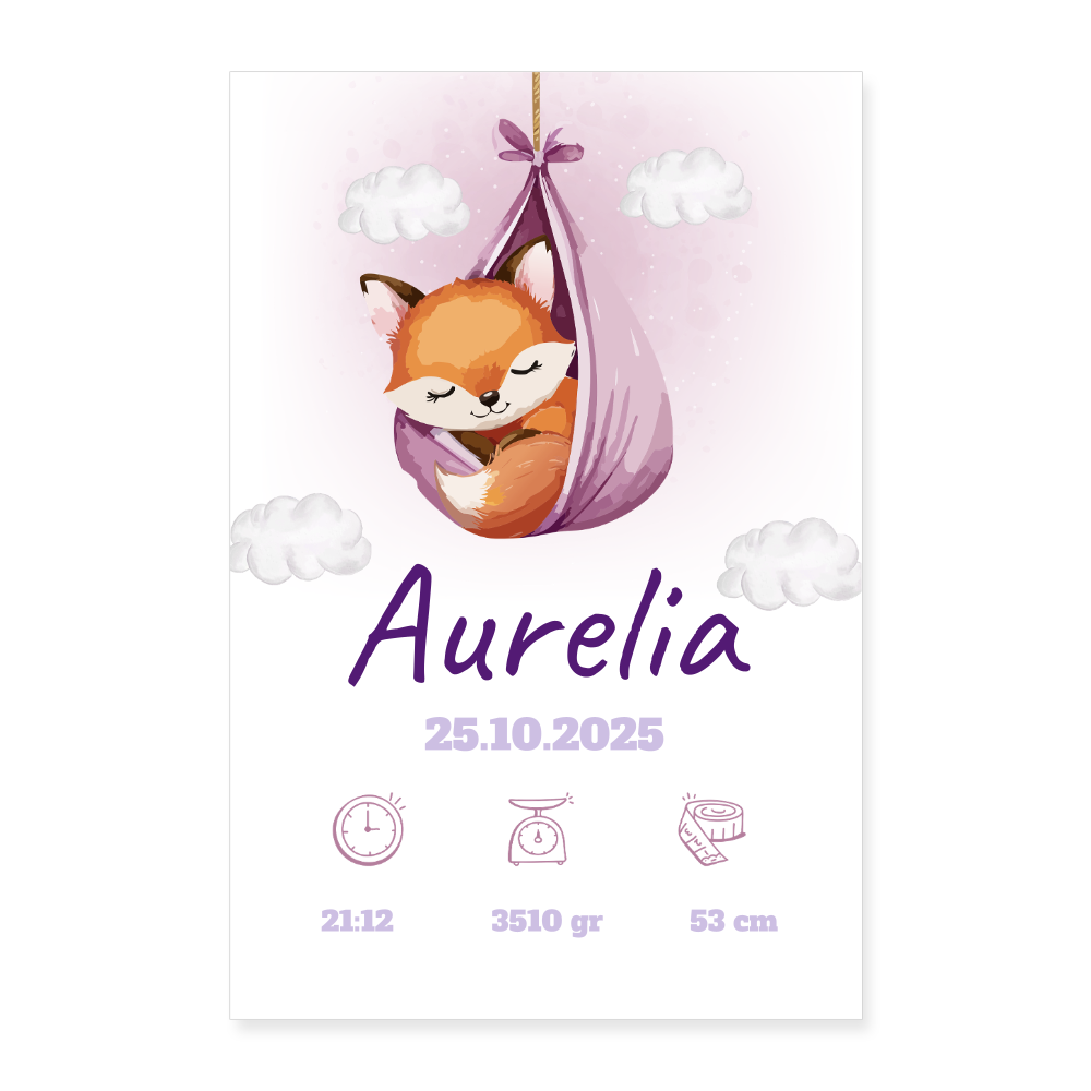 Babyposter mit Name Fuchs Lila 40x60 cm - Weiß