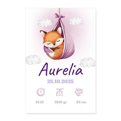 Babyposter mit Name Fuchs Lila 40x60 cm - Weiß