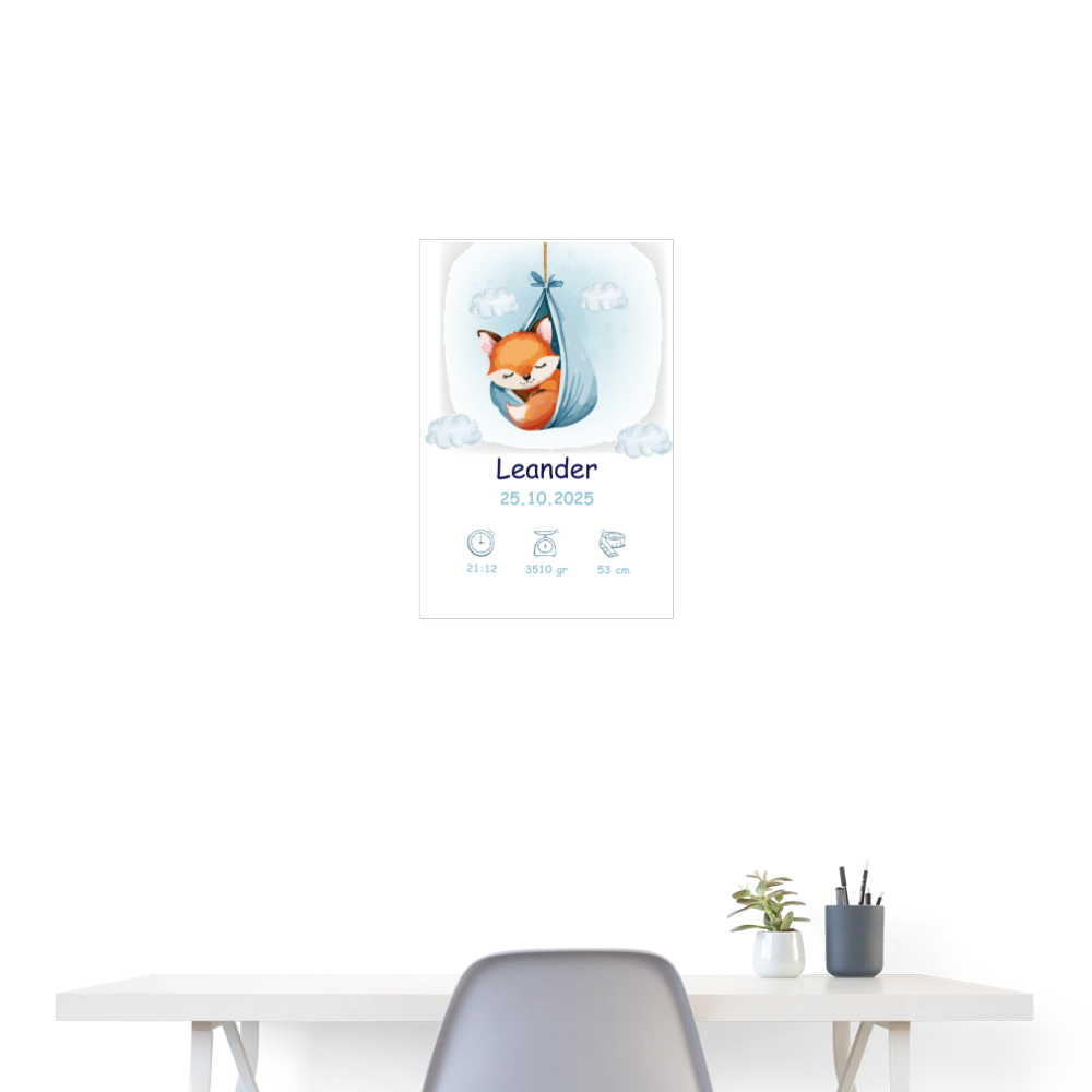 Babyposter mit Name Fuchs Blau 40x60 cm - Weiß