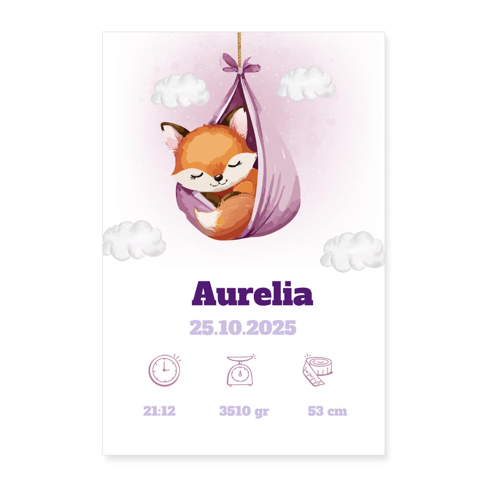 Babyposter mit Name Fuchs Lila 40x60 cm - Weiß