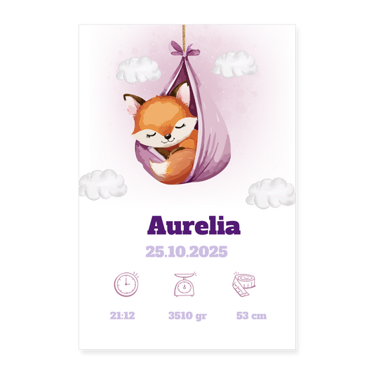 Babyposter mit Name Fuchs Lila 40x60 cm - Weiß