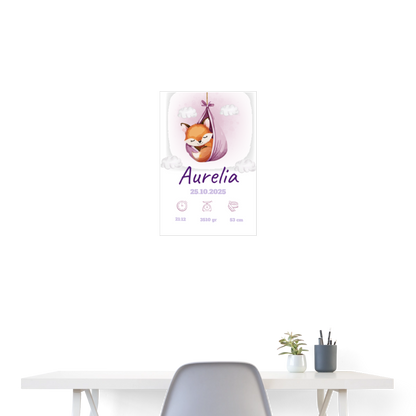 Babyposter mit Name Fuchs Lila 40x60 cm - Weiß