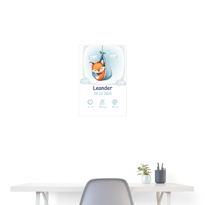 Babyposter mit Name Fuchs Blau 40x60 cm - Weiß