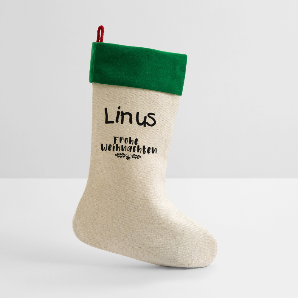 Leinen Weihnachtsstrumpf mit Wunschname! - Natur/Grün