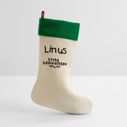 Leinen Weihnachtsstrumpf mit Wunschname! - Natur/Grün