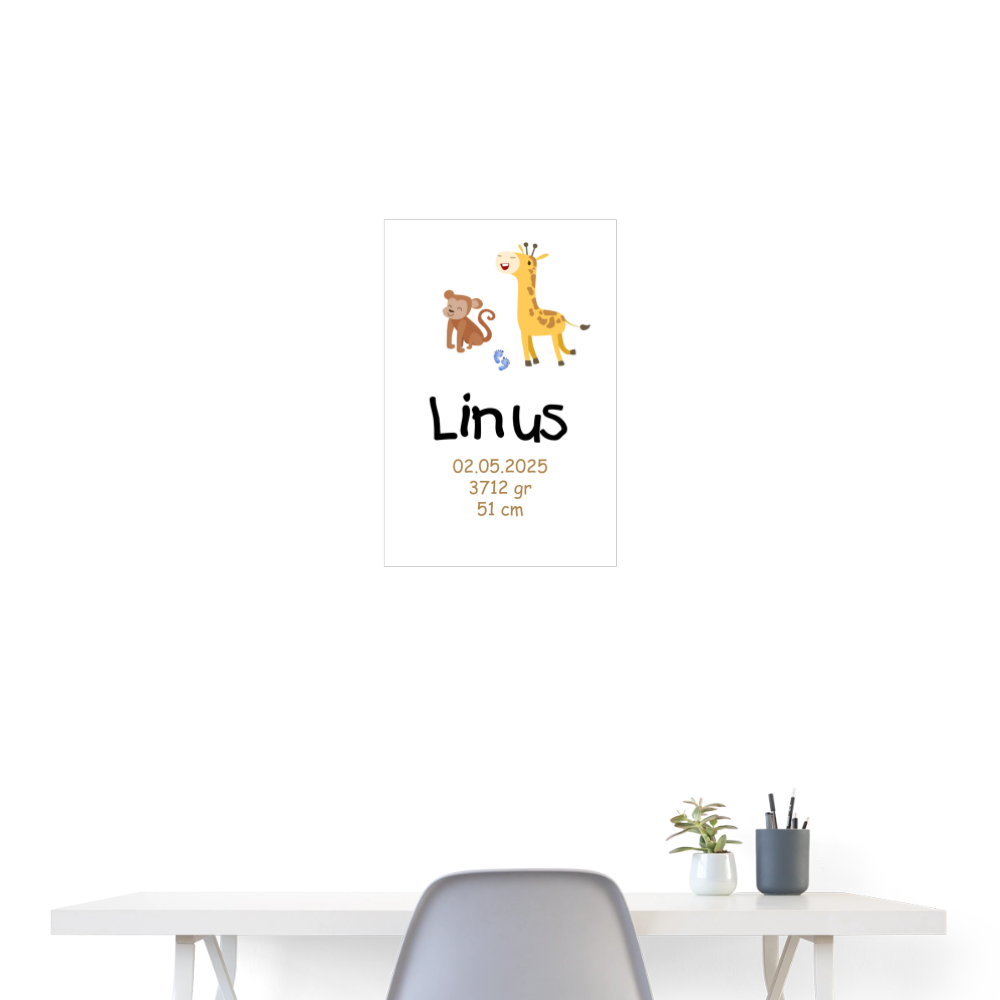 Babyposter mit Name Äffchen & Giraffe 40x60 cm - Weiß