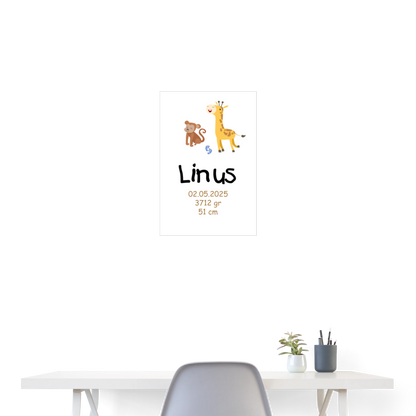 Babyposter mit Name Äffchen & Giraffe 40x60 cm - Weiß