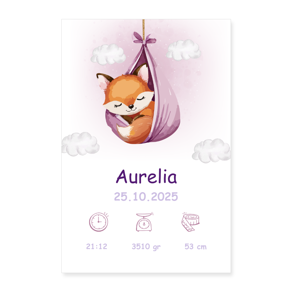 Babyposter mit Name Fuchs Lila 40x60 cm - Weiß
