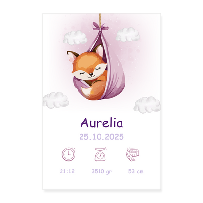 Babyposter mit Name Fuchs Lila 40x60 cm - Weiß