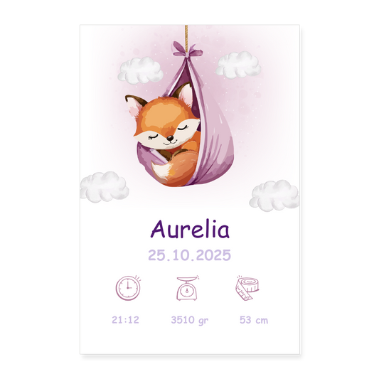 Babyposter mit Name Fuchs Lila 40x60 cm - Weiß