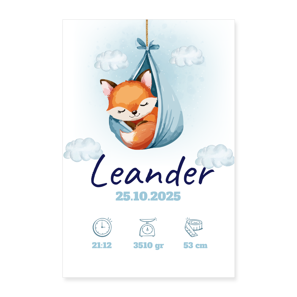 Babyposter mit Name Fuchs Blau 40x60 cm - Weiß