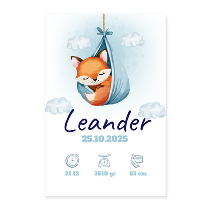 Babyposter mit Name Fuchs Blau 40x60 cm - Weiß