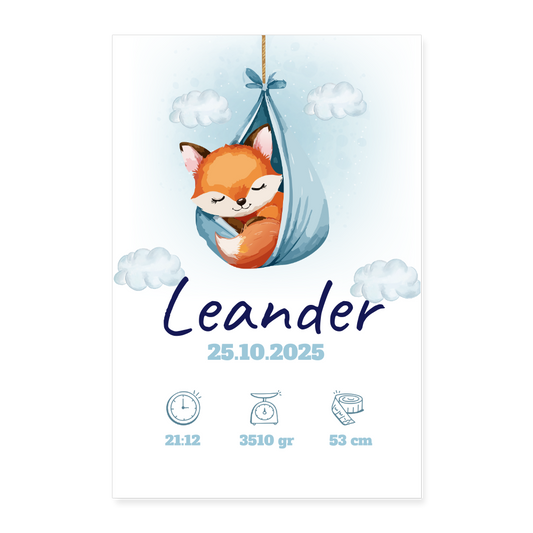 Babyposter mit Name Fuchs Blau 40x60 cm - Weiß