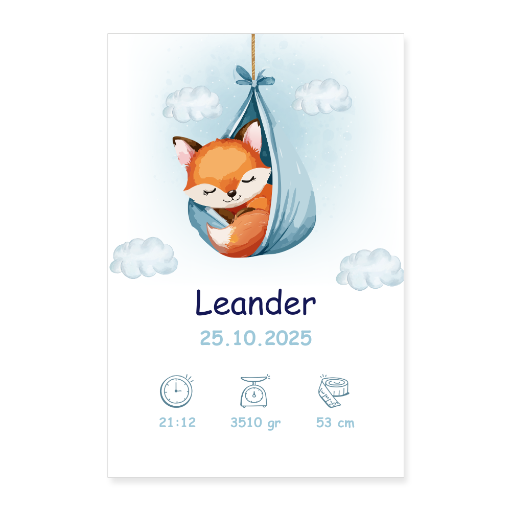Babyposter mit Name Fuchs Blau 40x60 cm - Weiß