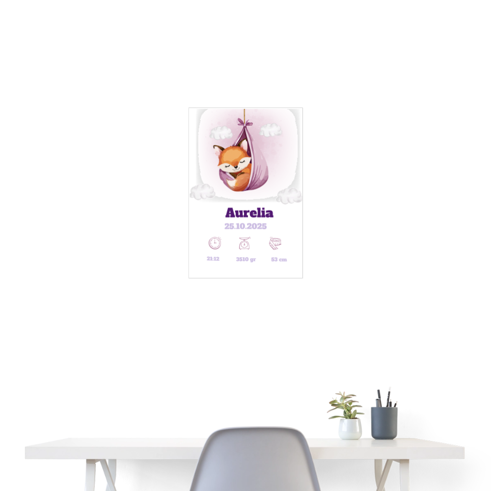 Babyposter mit Name Fuchs Lila 40x60 cm - Weiß