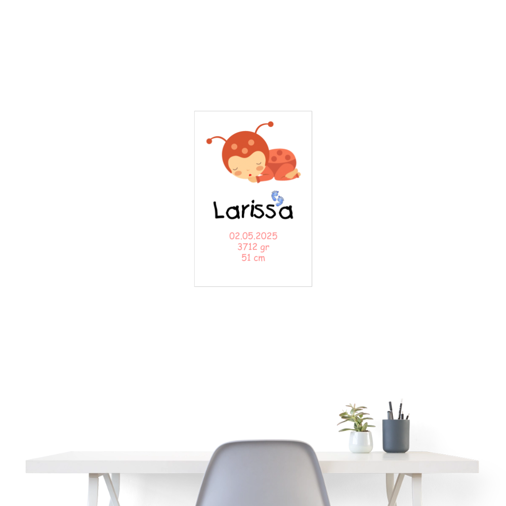 Babyposter mit Name Marienkäfer Mädchen 40x60 cm - Weiß