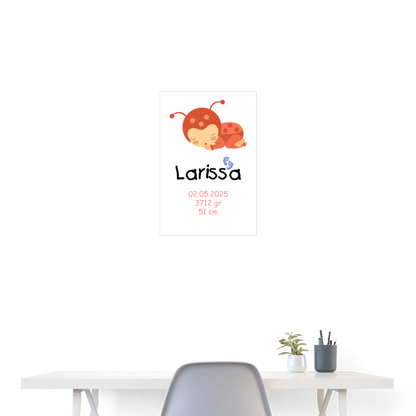 Babyposter mit Name Marienkäfer Mädchen 40x60 cm - Weiß