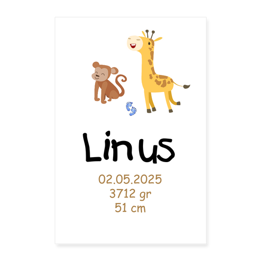 Babyposter mit Name Äffchen & Giraffe 40x60 cm - Weiß